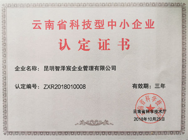 云南省科技型中小企业证书